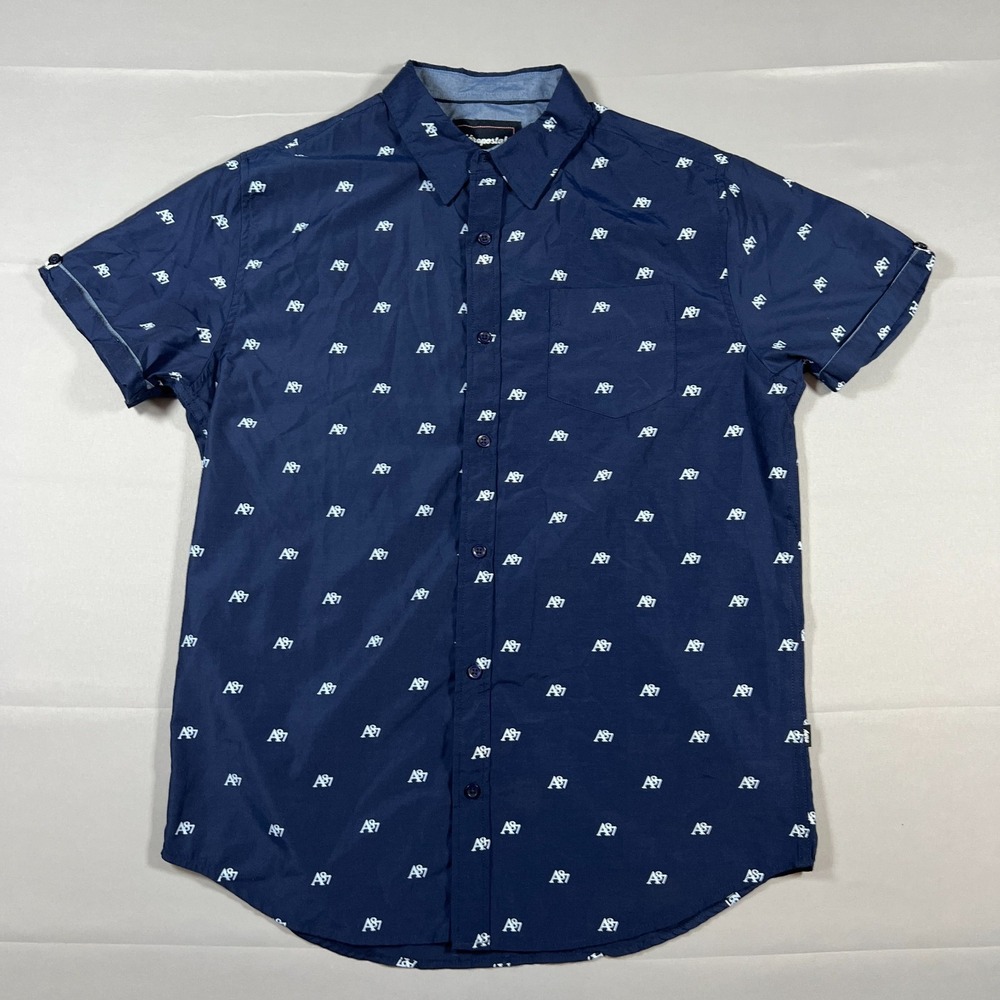 Aeropostale A87 Shirt Mens Large Navy All Over Logo Print Short Sleeve Button Up